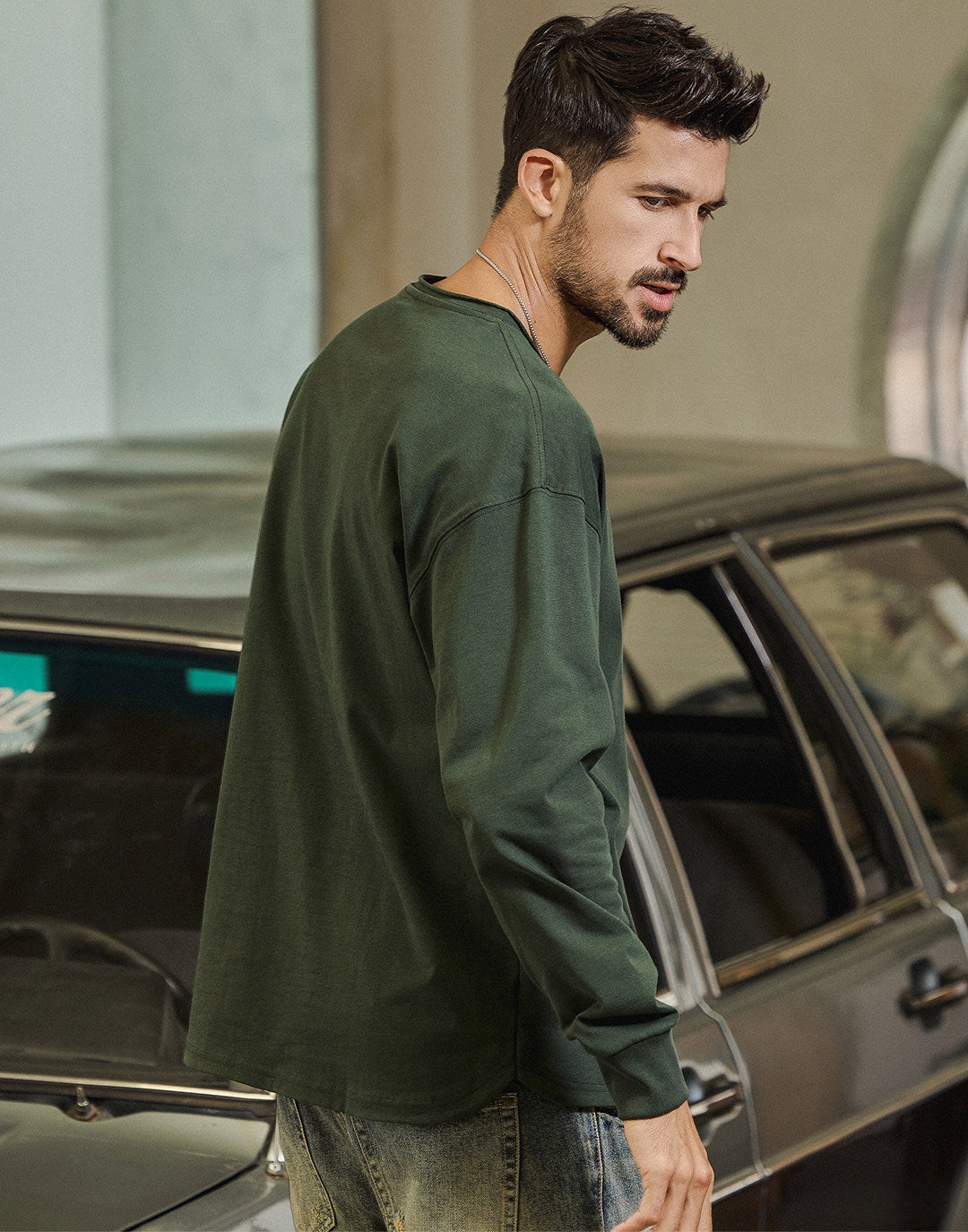 100% Cotton Long Sleeve Tee  - DARKGREEN