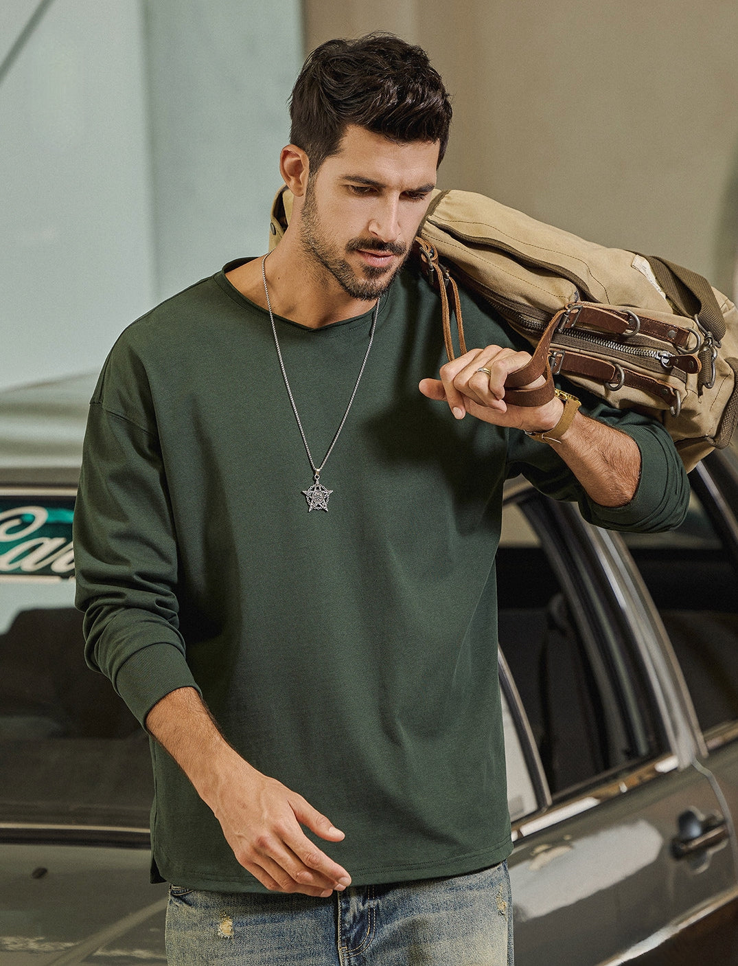 100% Cotton Long Sleeve Tee  - DARKGREEN