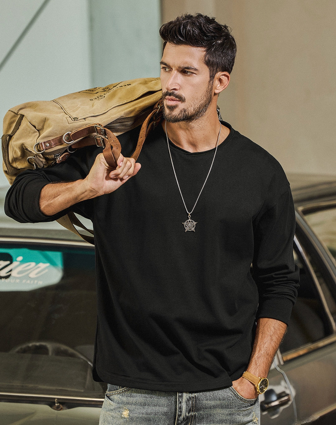 100% Cotton Long Sleeve Tee  - BLACK
