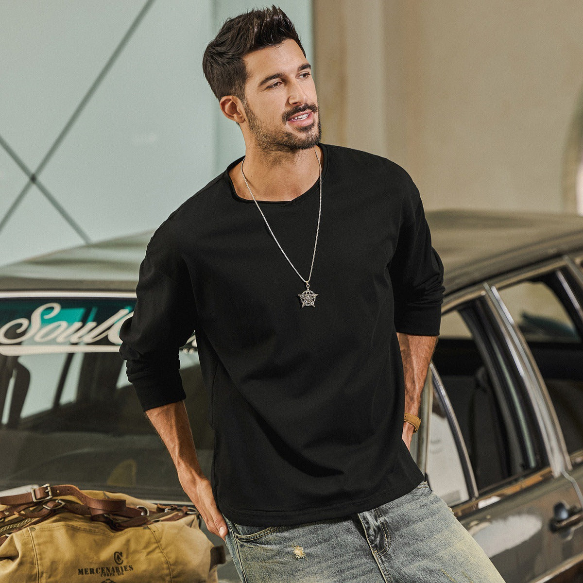 100% Cotton Long Sleeve Tee  - BLACK