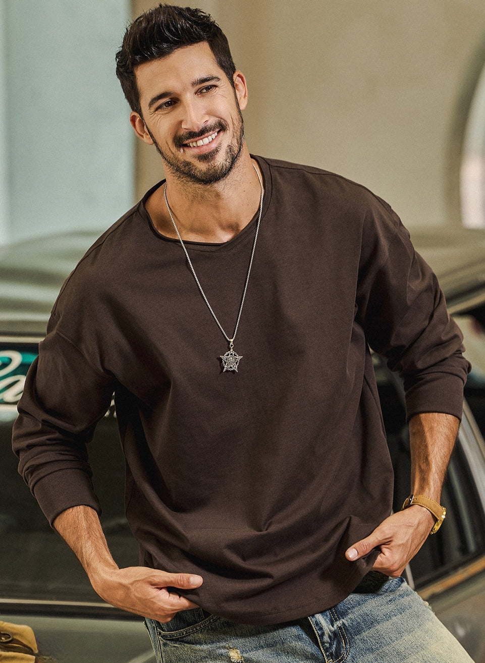 100% Cotton Long Sleeve Tee  - BROWN