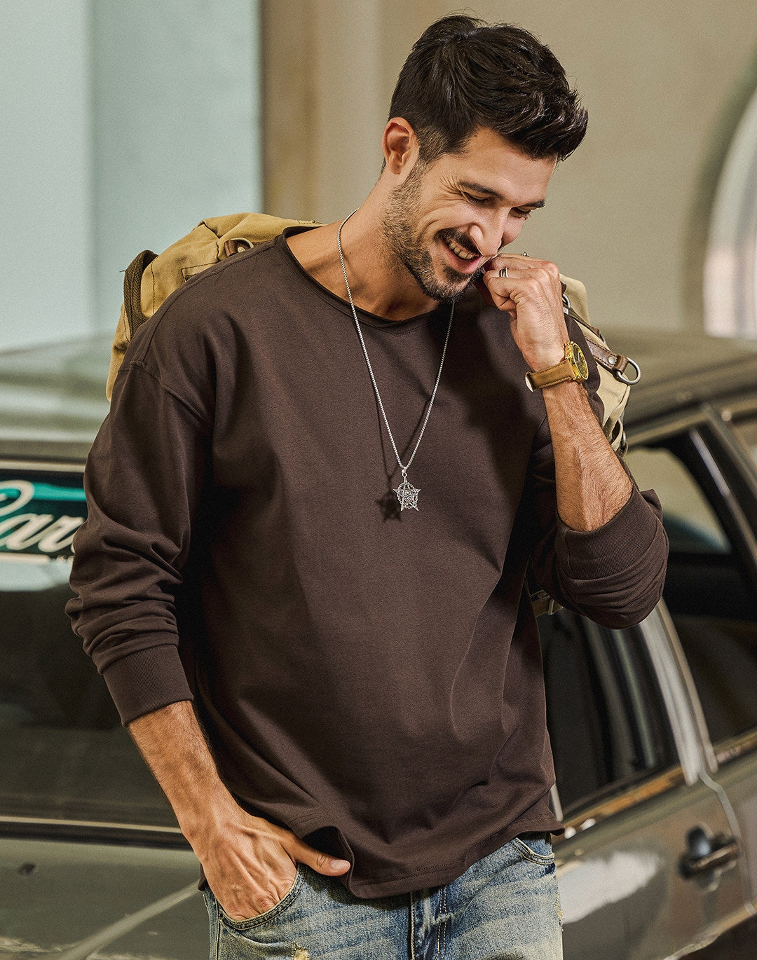 100% Cotton Long Sleeve Tee  - BROWN