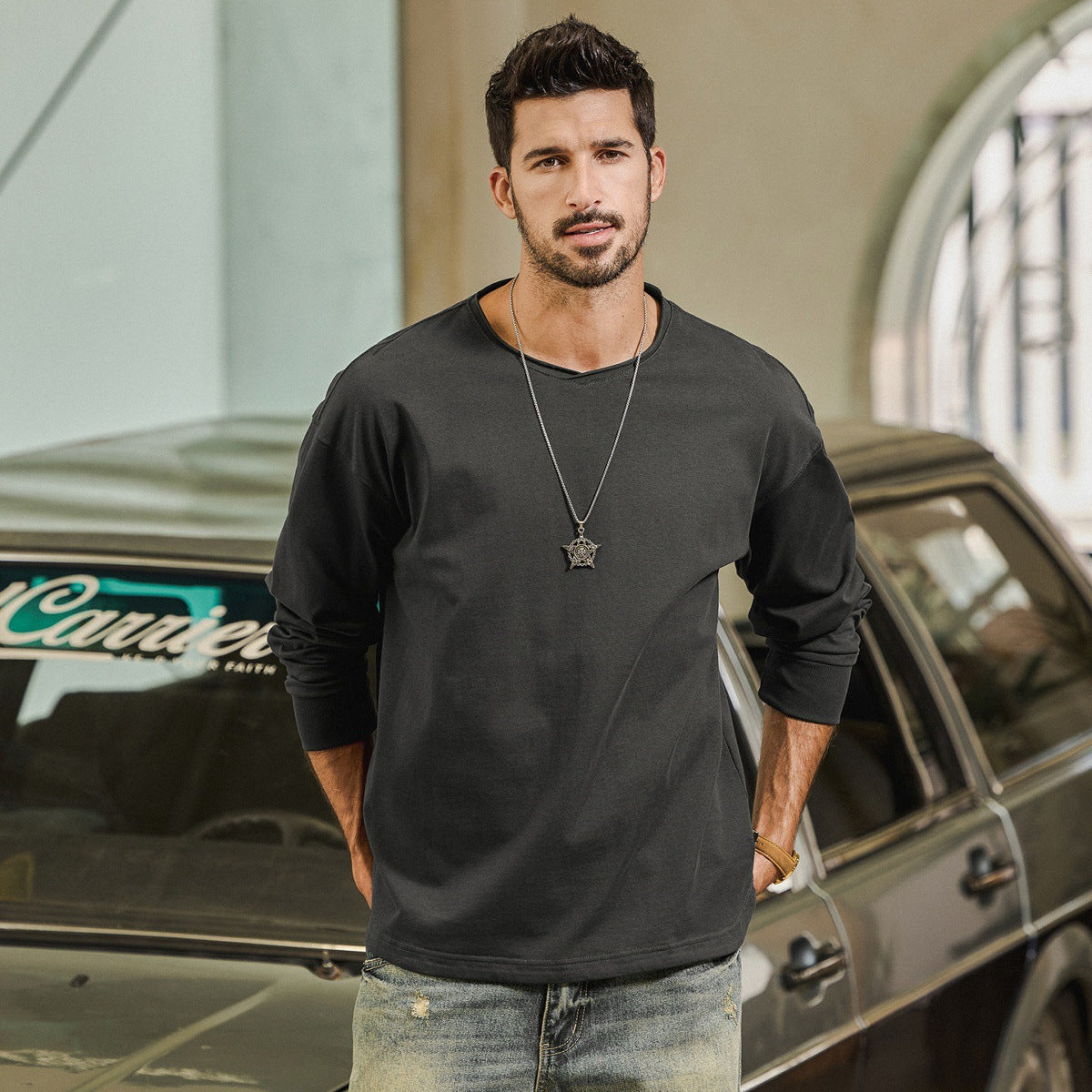 100% Cotton Long Sleeve Tee  - CARBONASH