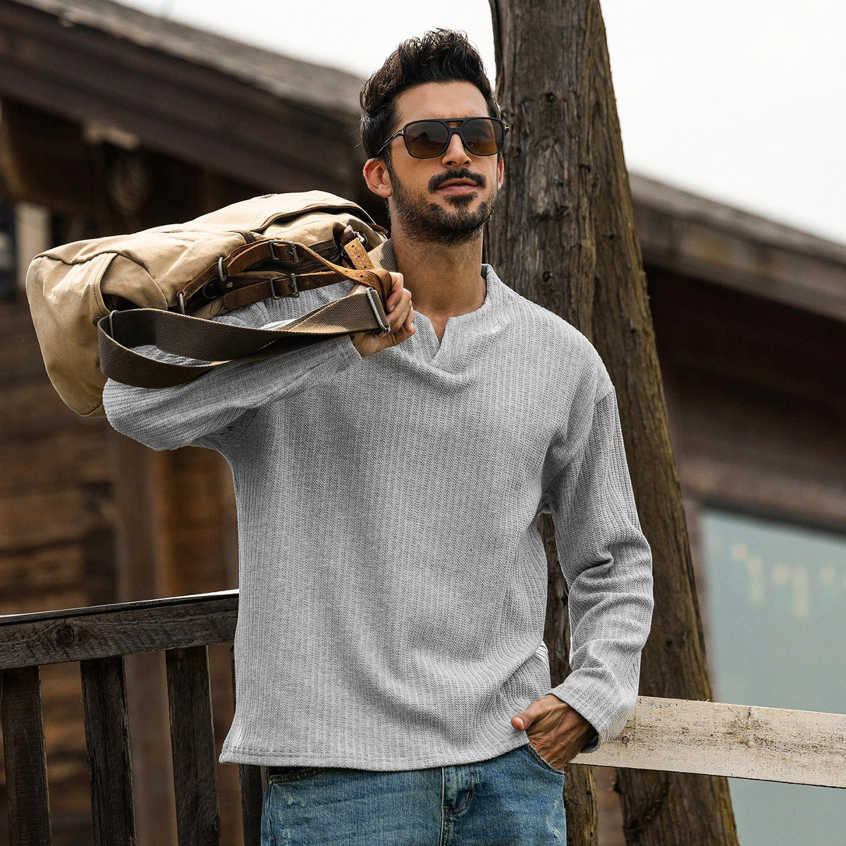 Dropped Shoulder Sleeves Knitted Tee - HEATHERGRAY