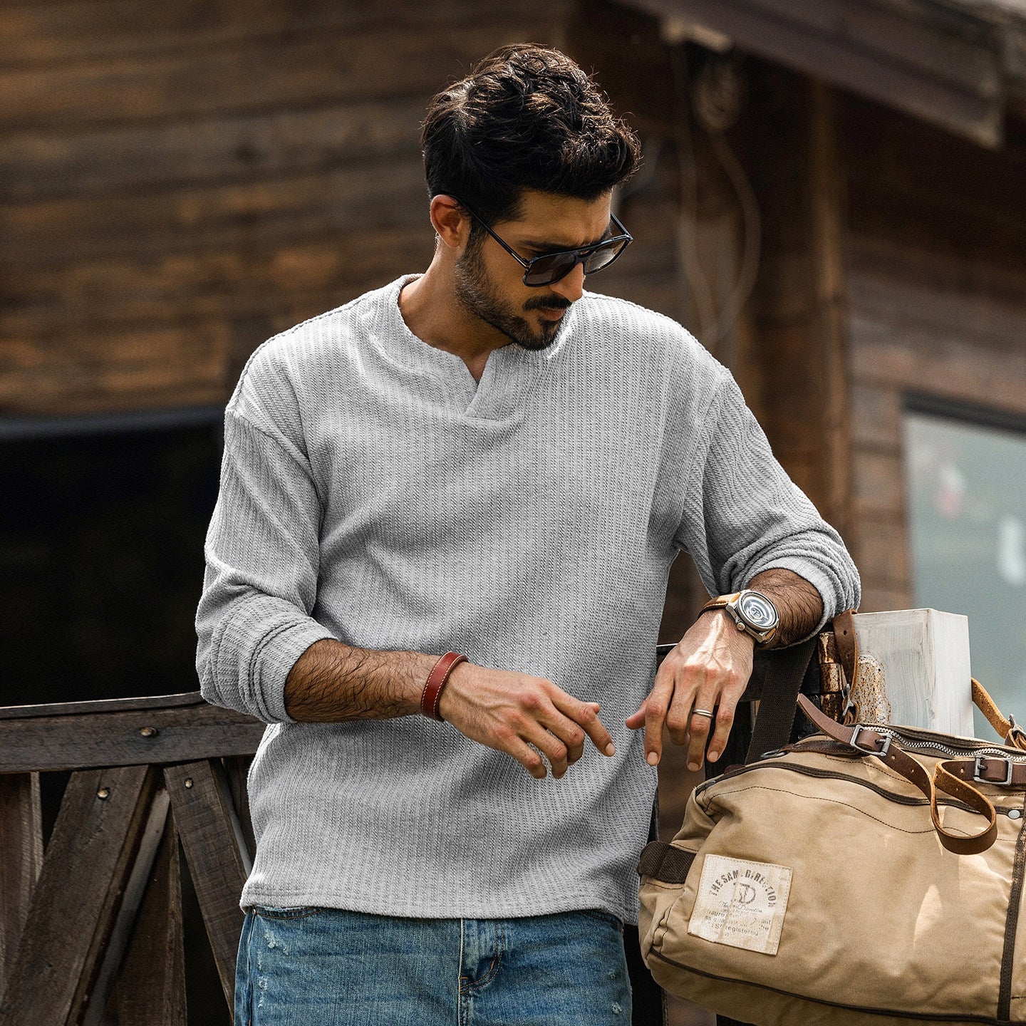 Dropped Shoulder Sleeves Knitted Tee - HEATHERGRAY