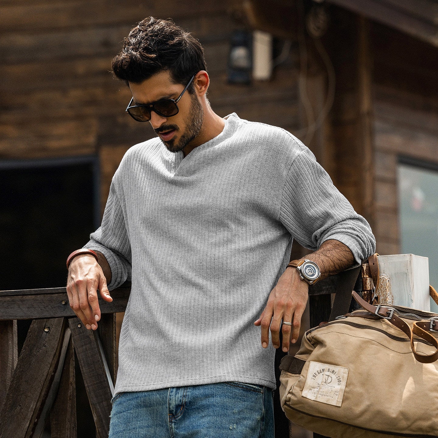 Dropped Shoulder Sleeves Knitted Tee - HEATHERGRAY