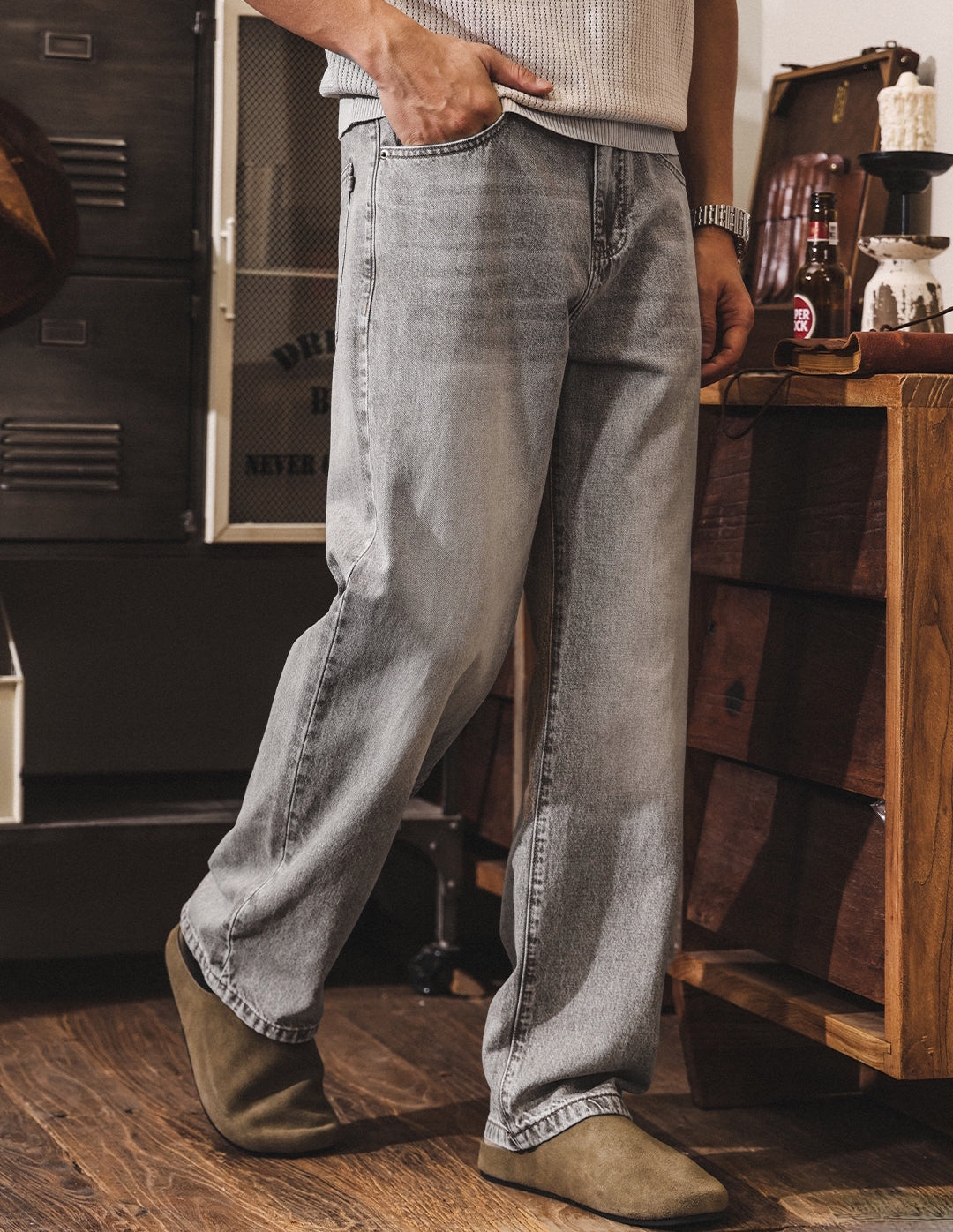 Washed Straight Jeans in Ash Grey