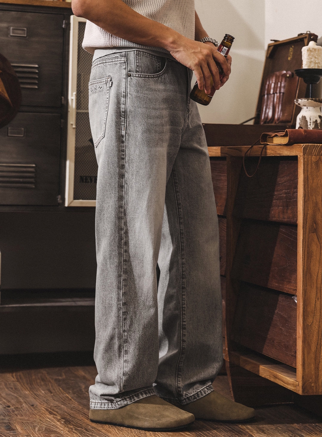 Washed Straight Jeans in Ash Grey