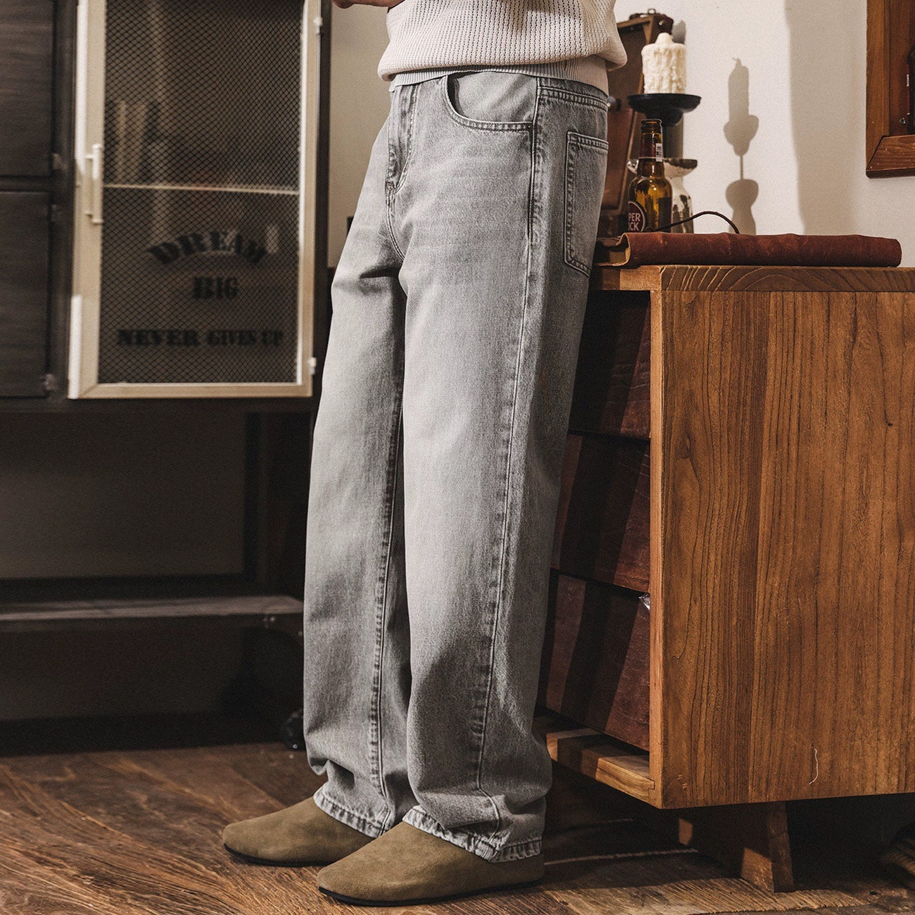 Washed Straight Jeans in Ash Grey