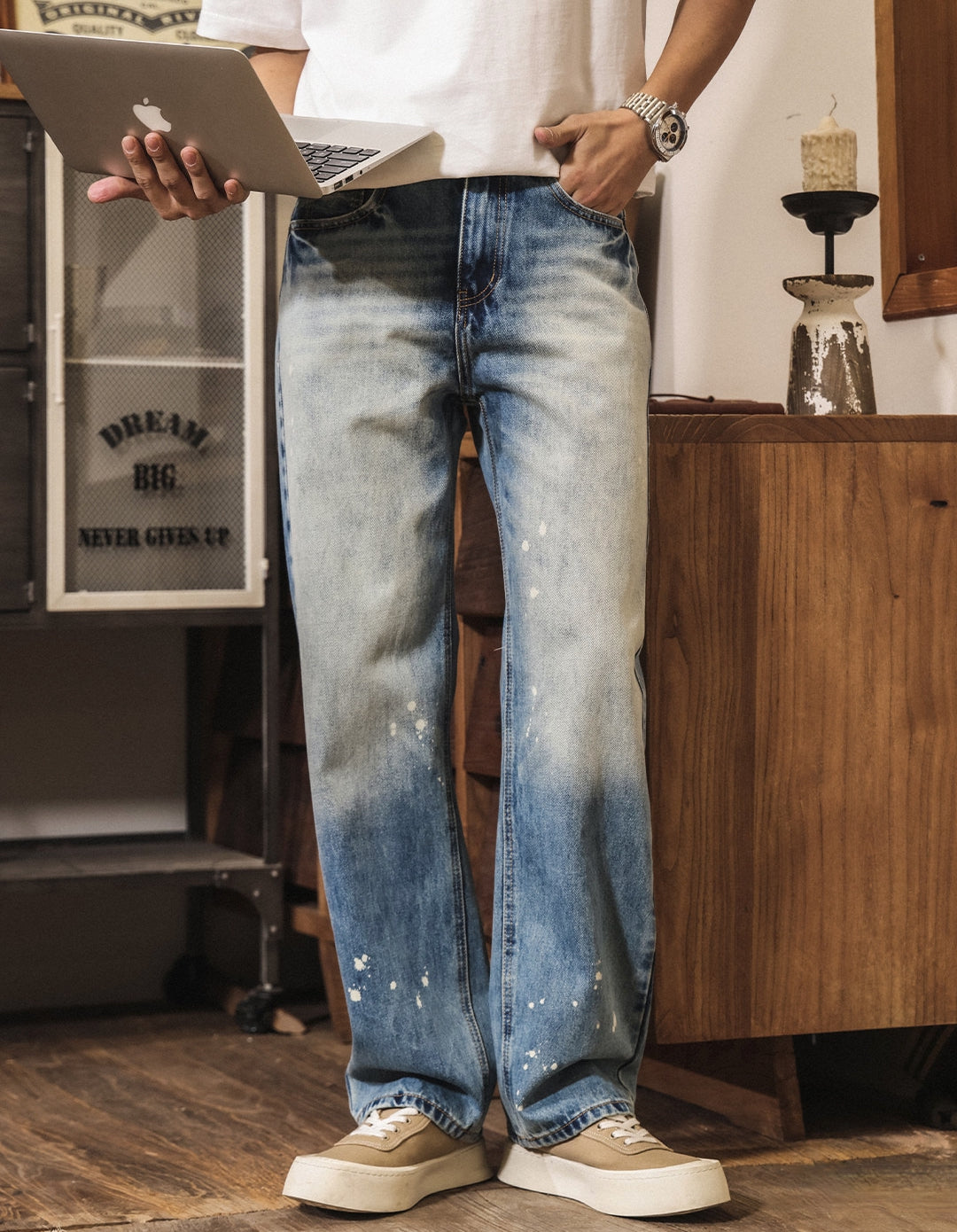 Stone Splash Washed Jeans in Vintage Blue