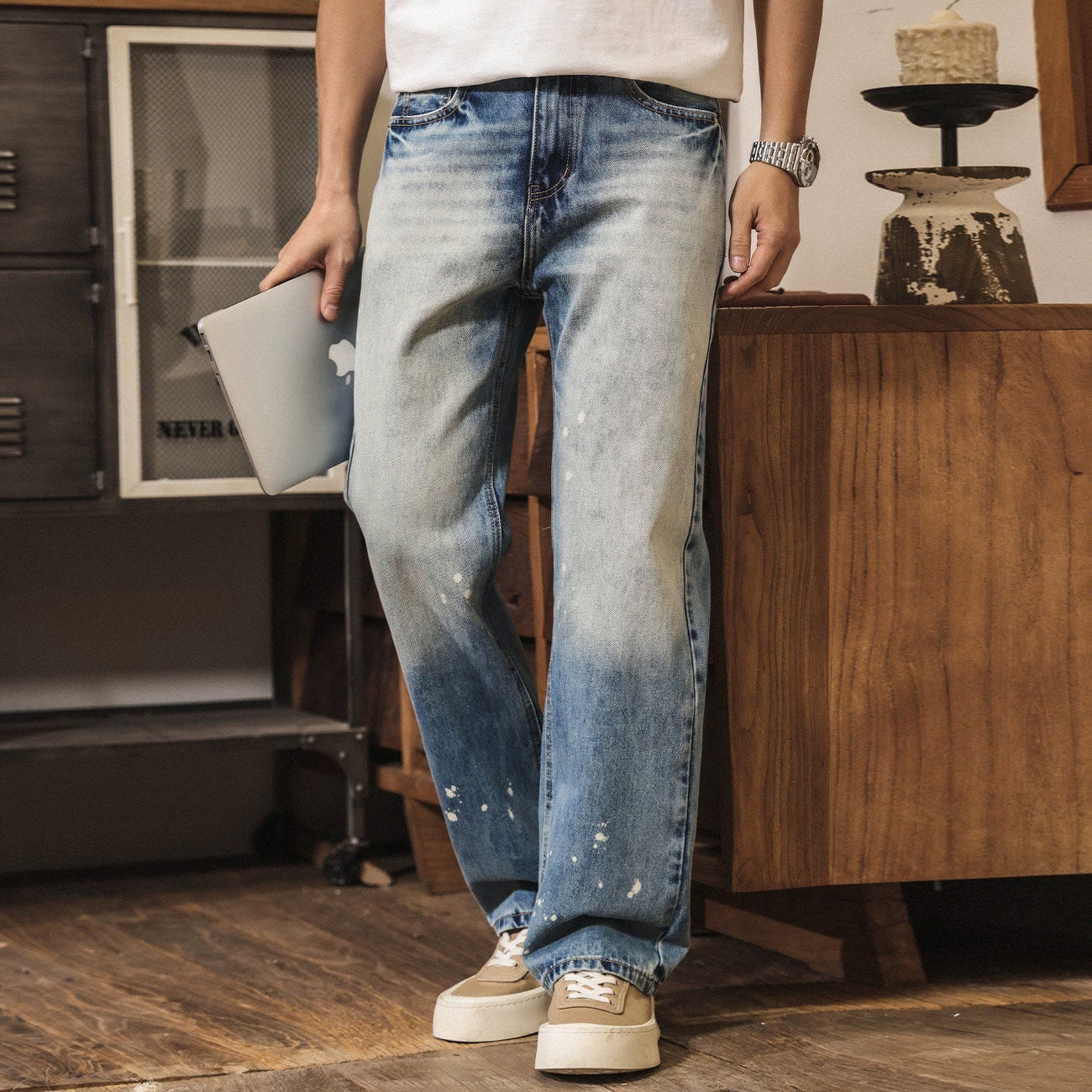 Stone Splash Washed Jeans in Vintage Blue