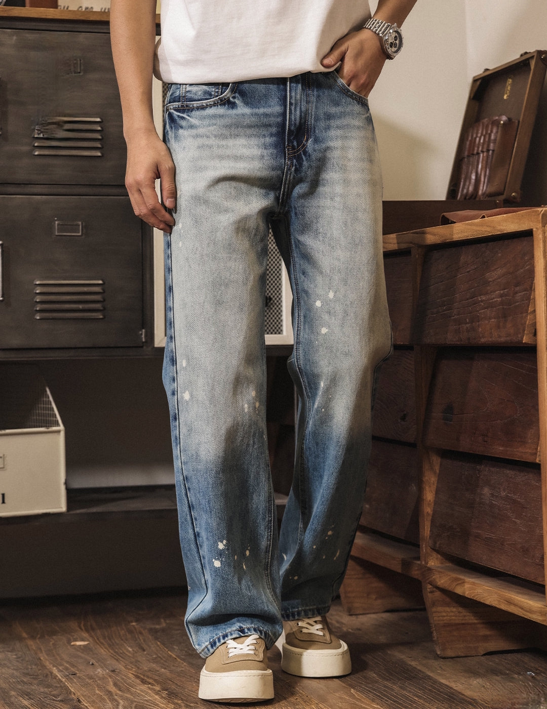 Stone Splash Washed Jeans in Vintage Blue