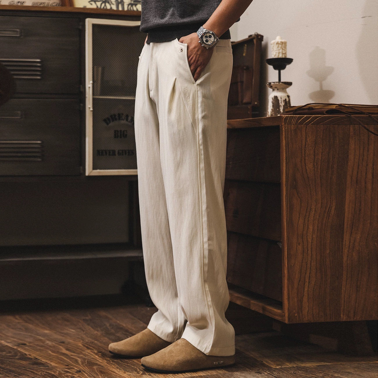 Relaxed Straight Trousers in Sand Beige