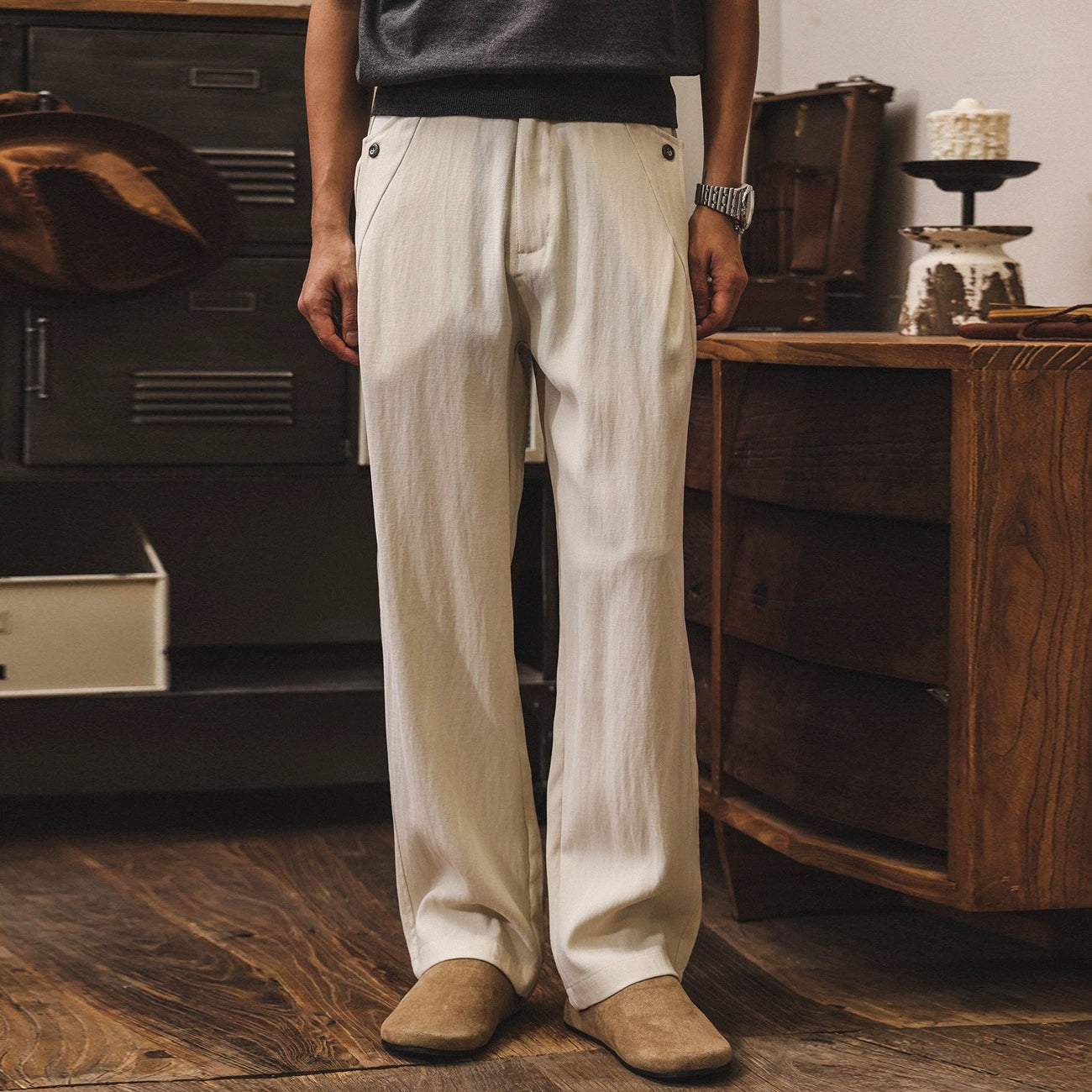 Relaxed Straight Trousers in Sand Beige