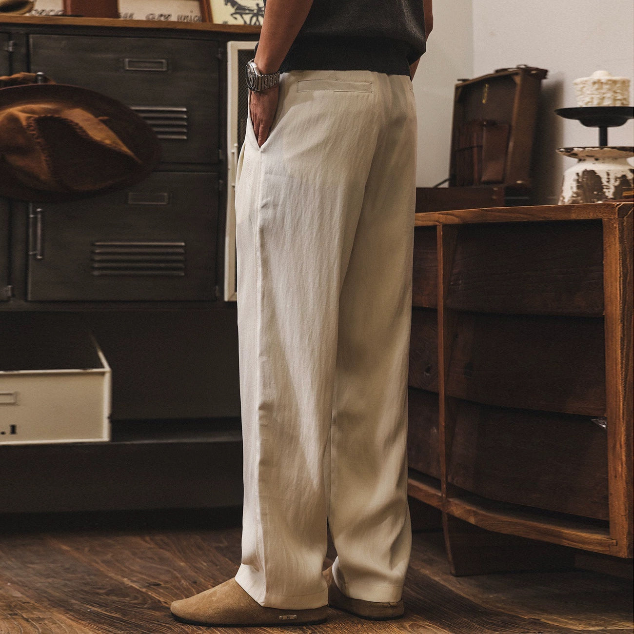 Relaxed Straight Trousers in Sand Beige