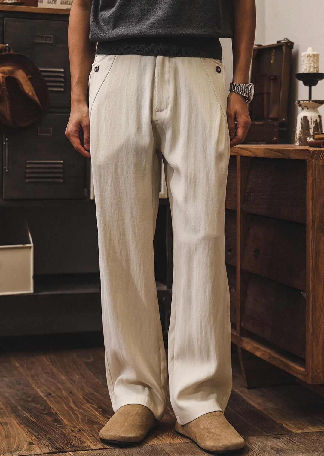 Relaxed Straight Trousers in Sand Beige
