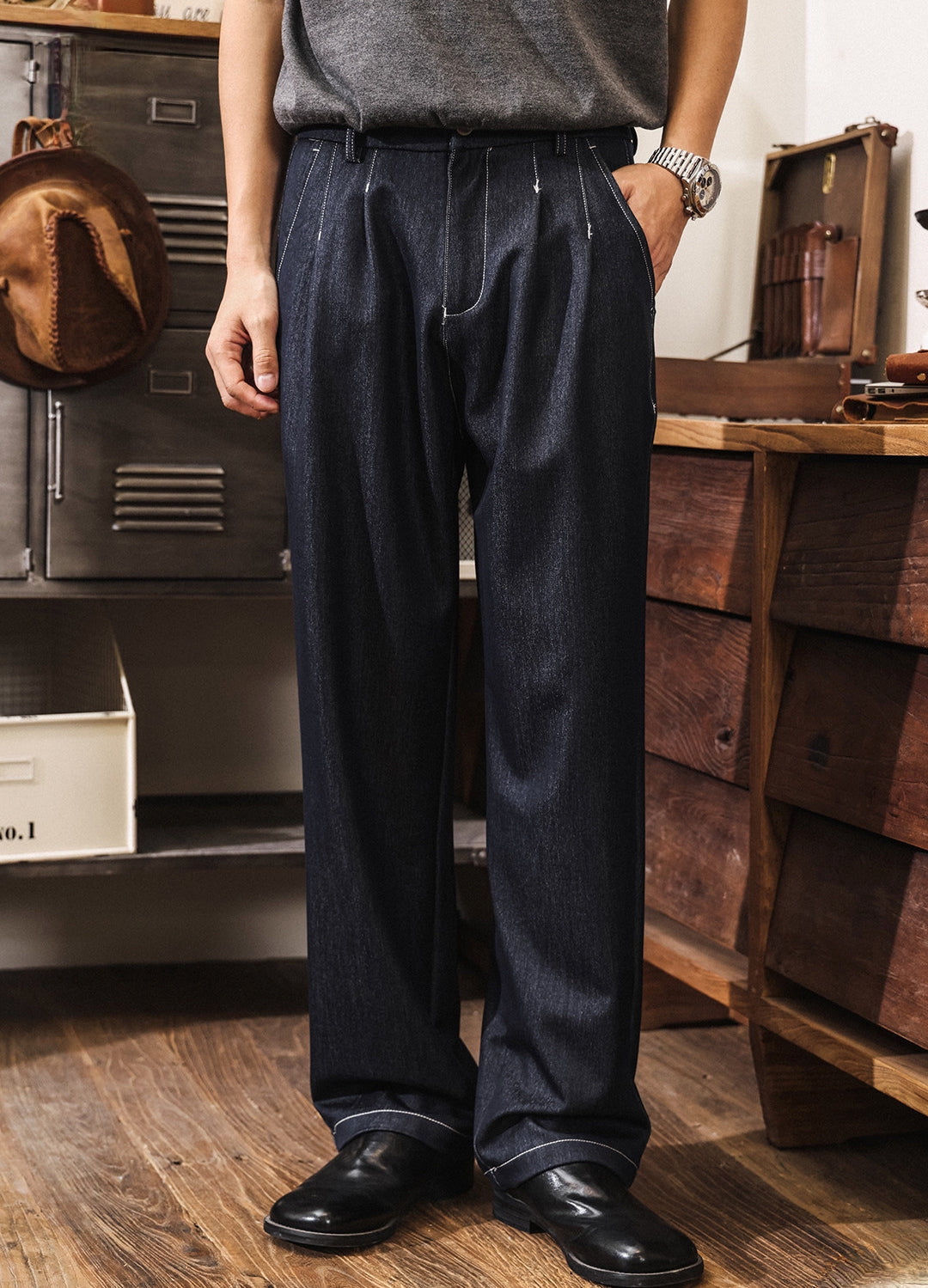 Relaxed Pleated Trousers in Deep Indigo