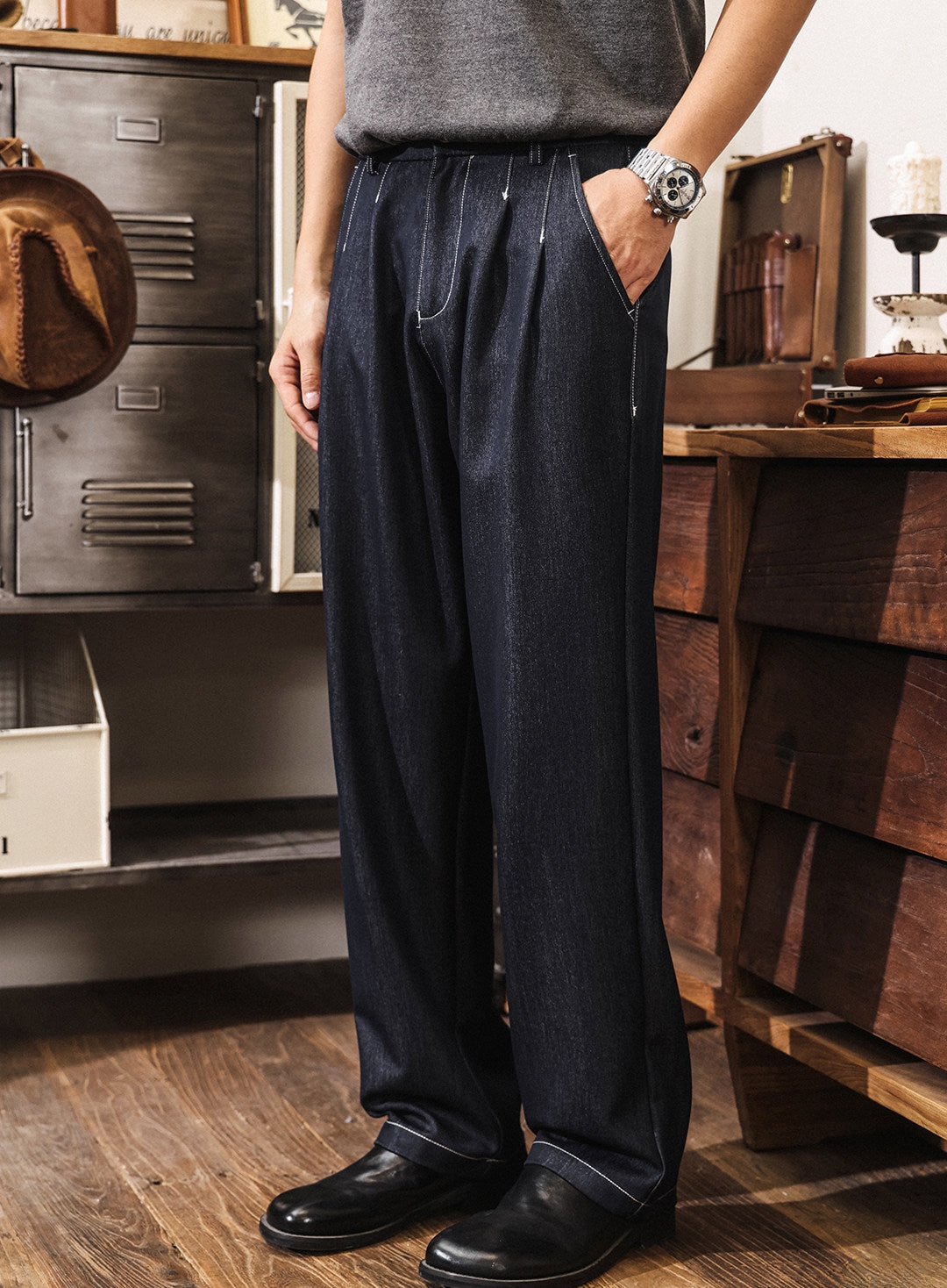 Relaxed Pleated Trousers in Deep Indigo