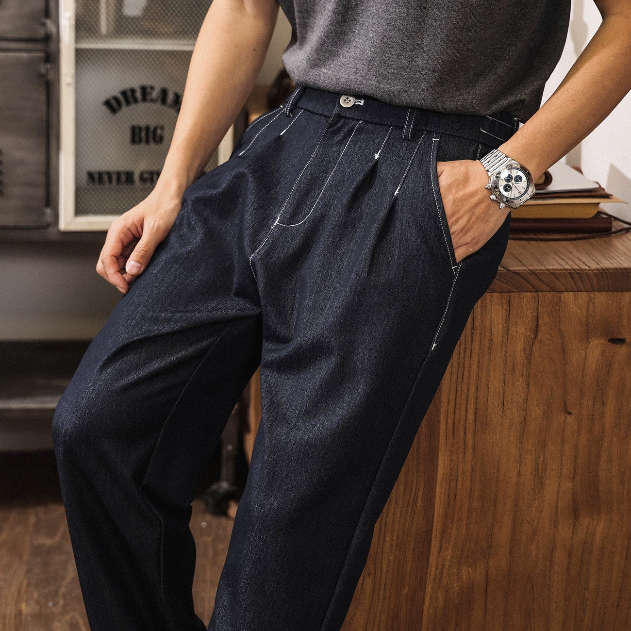 Relaxed Pleated Trousers in Deep Indigo
