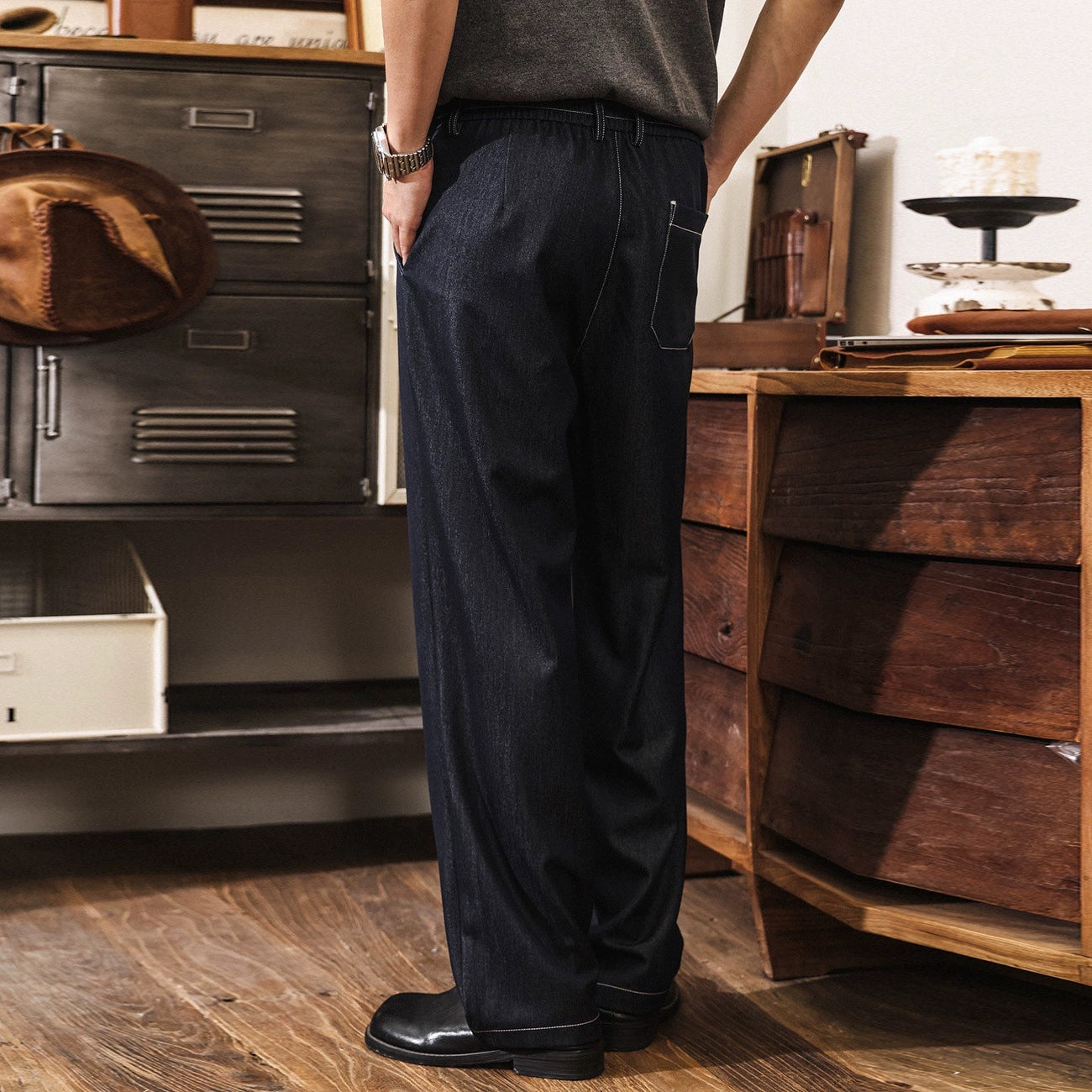 Relaxed Pleated Trousers in Deep Indigo