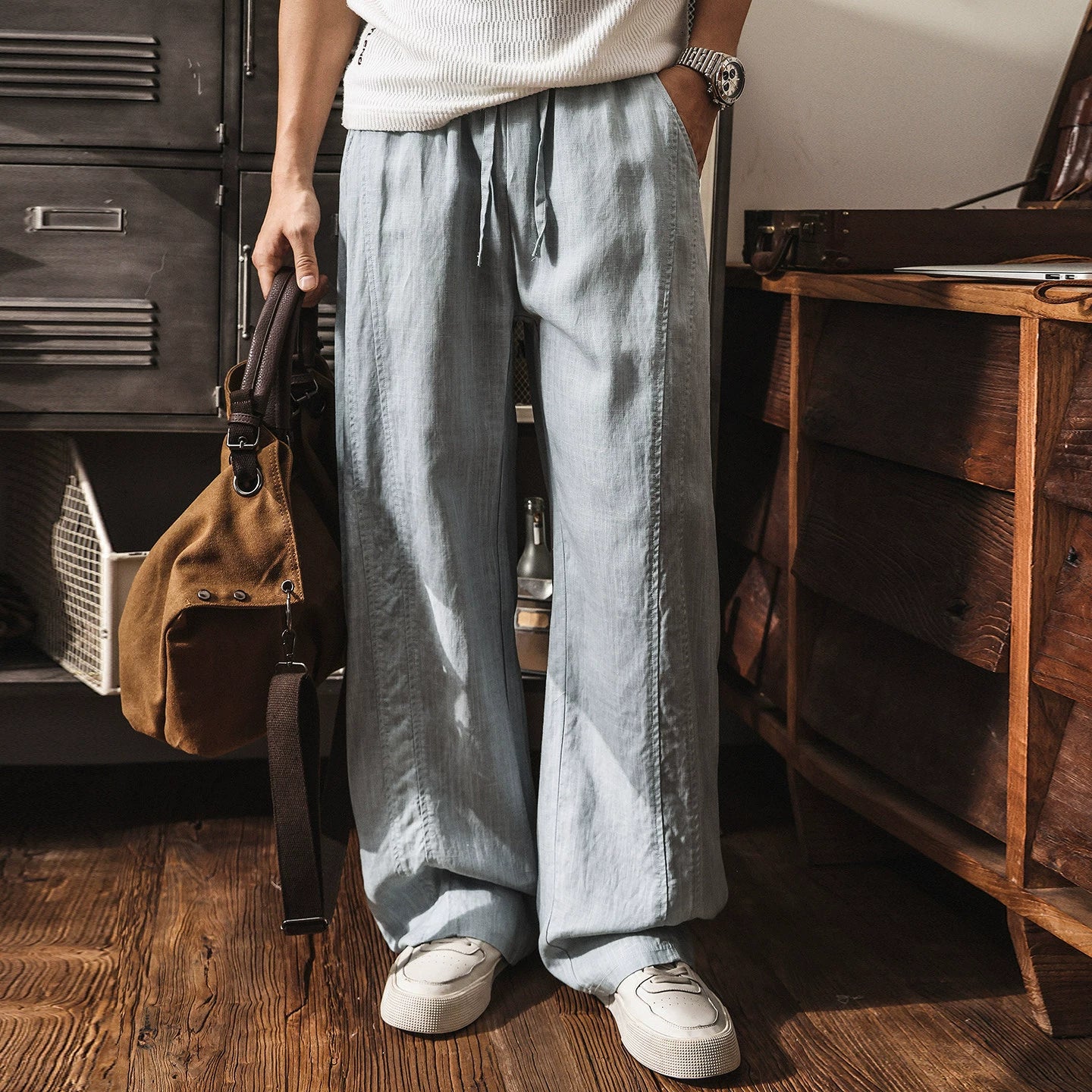 Lyocell Linen Panelled Wide-Leg Trousers - LIGHTBLUE