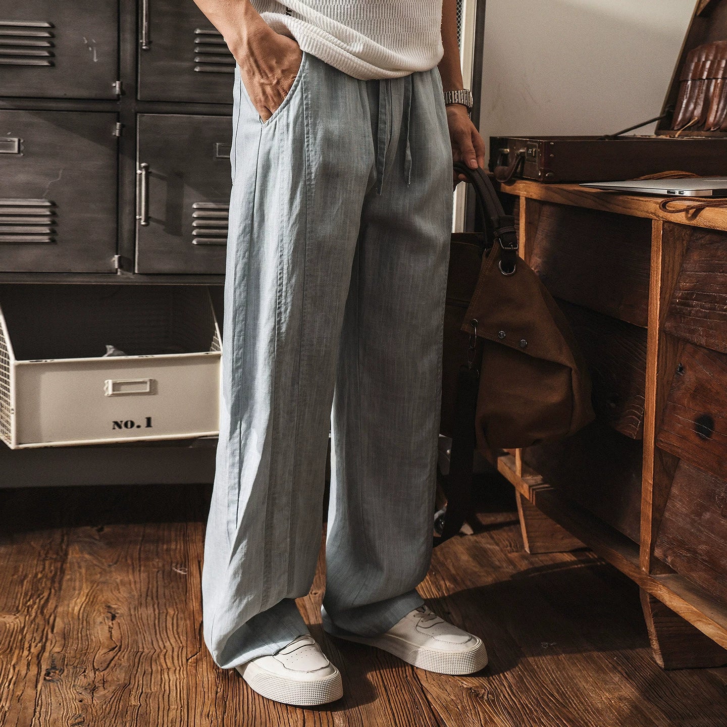 Lyocell Linen Panelled Wide-Leg Trousers - LIGHTBLUE