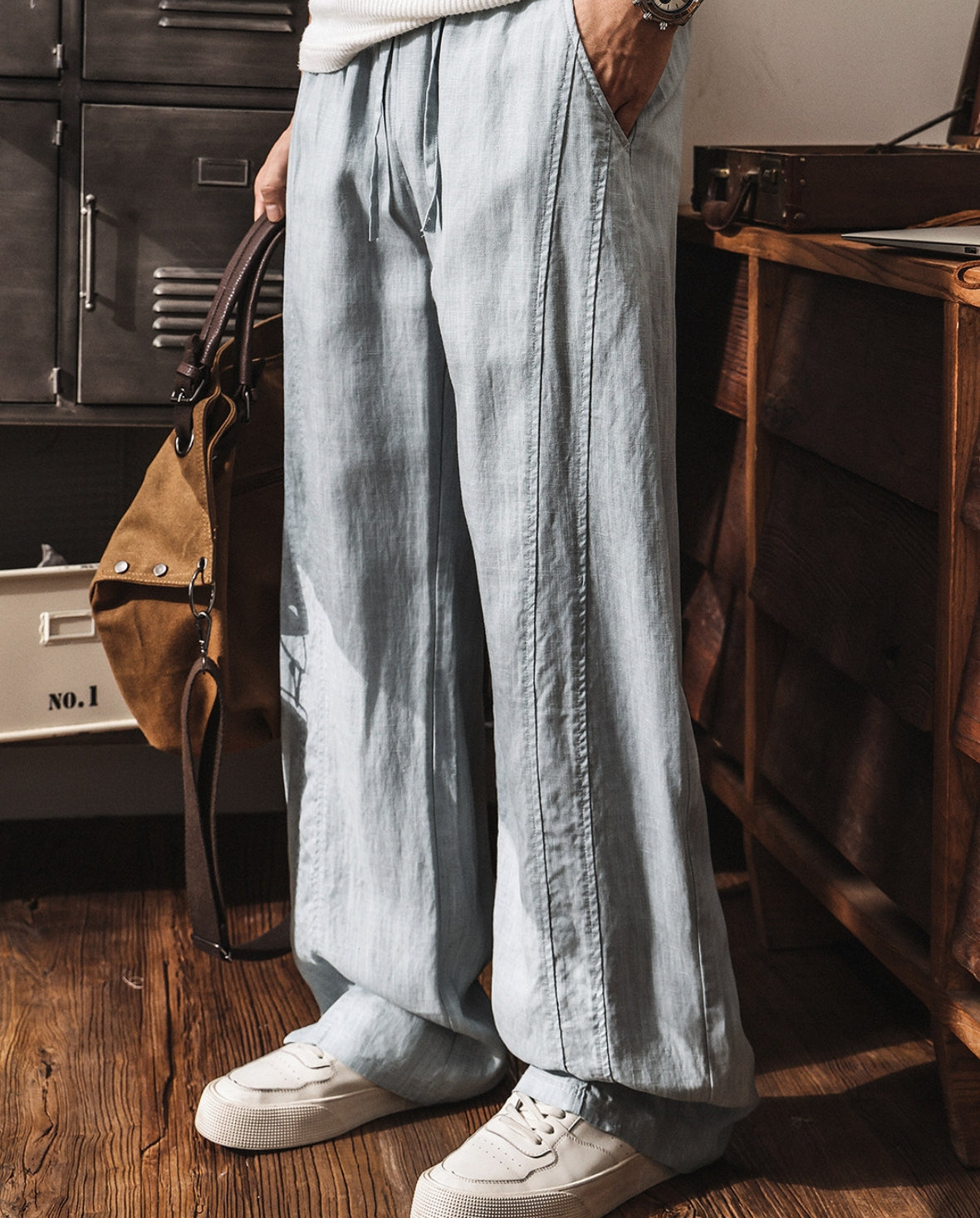 Lyocell Linen Panelled Wide-Leg Trousers - LIGHTBLUE