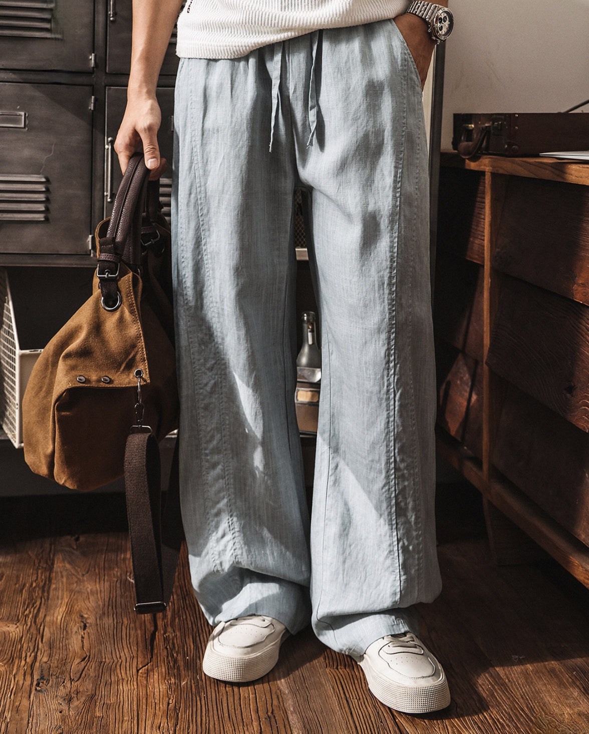 Lyocell Linen Panelled Wide-Leg Trousers - LIGHTBLUE