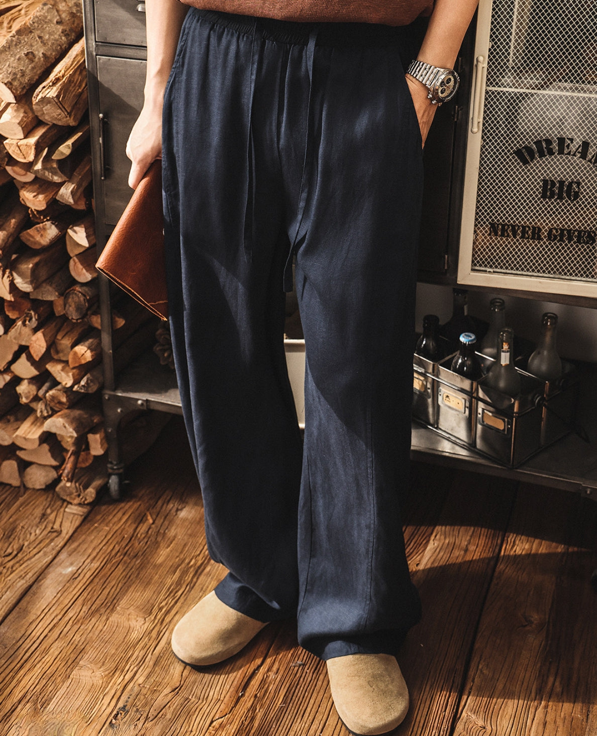 Lyocell Linen Panelled Wide-Leg Trousers - NAVYBLUE