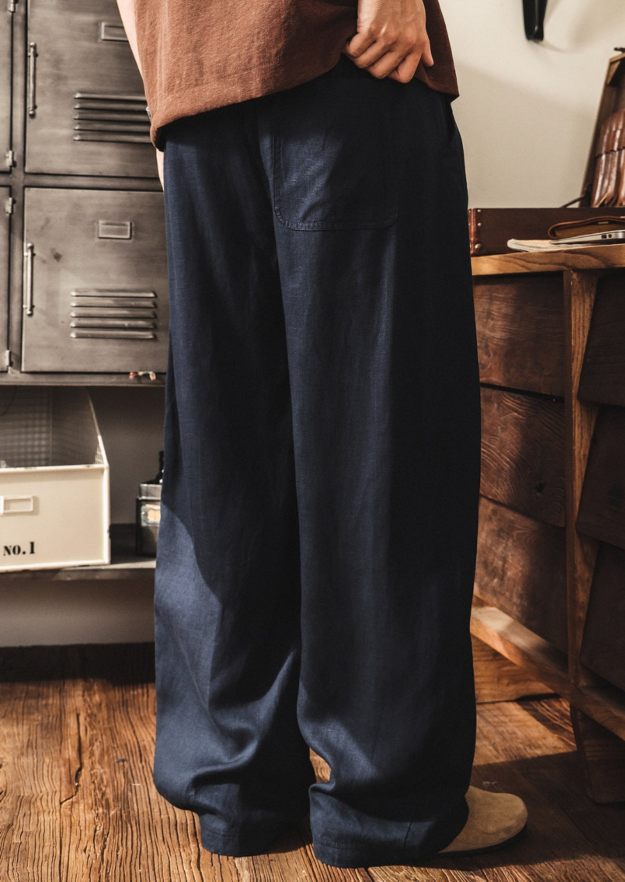 Lyocell Linen Panelled Wide-Leg Trousers - NAVYBLUE