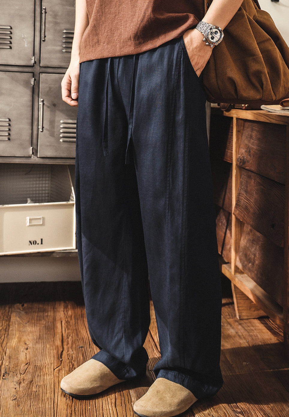 Lyocell Linen Panelled Wide-Leg Trousers - NAVYBLUE