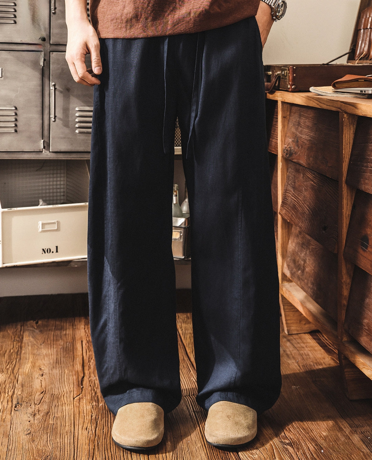 Lyocell Linen Panelled Wide-Leg Trousers - NAVYBLUE