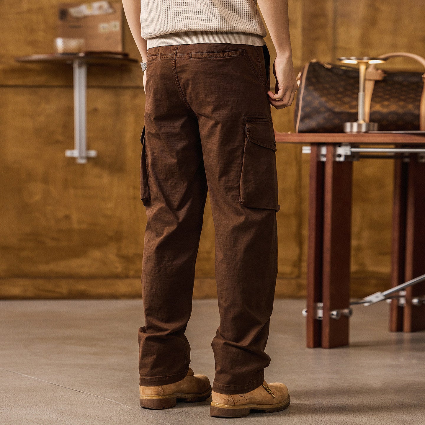 Straight Leg Cotton Wear Resistance Cargo Pants  - COFFEE