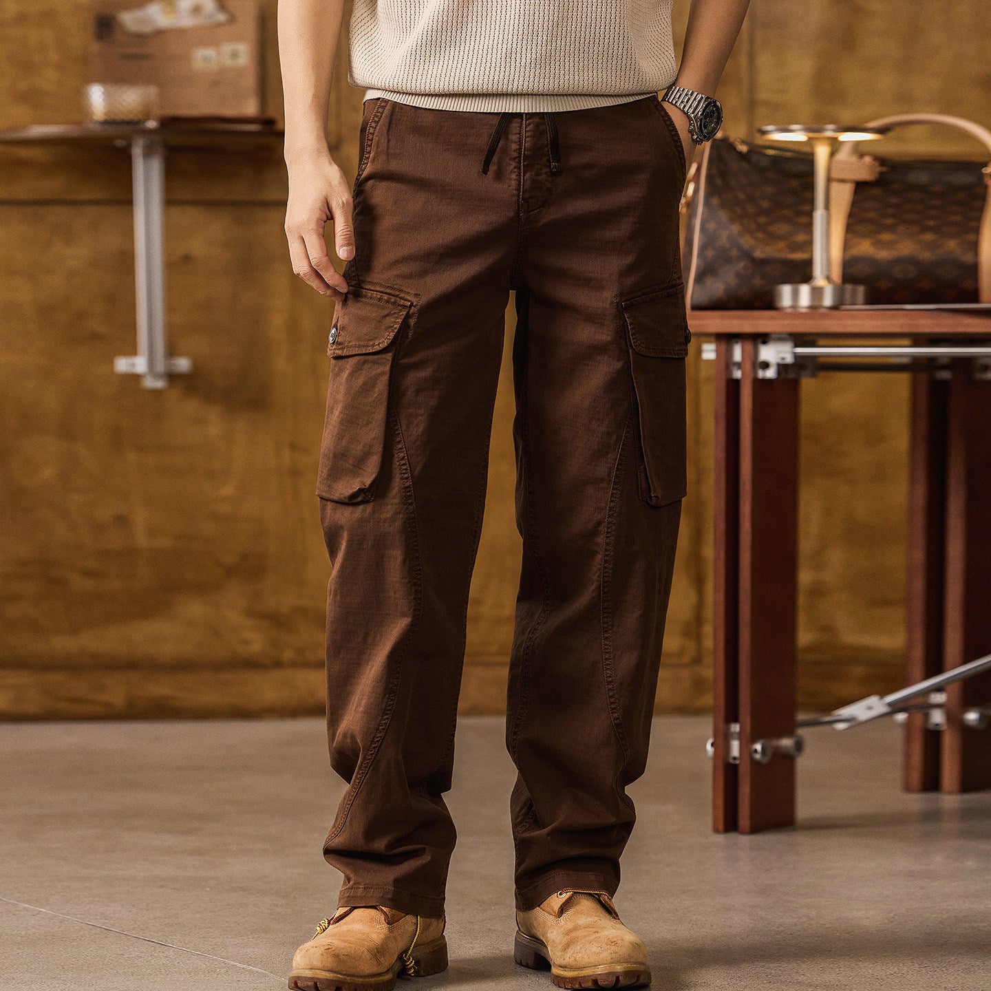 Straight Leg Cotton Wear Resistance Cargo Pants  - COFFEE