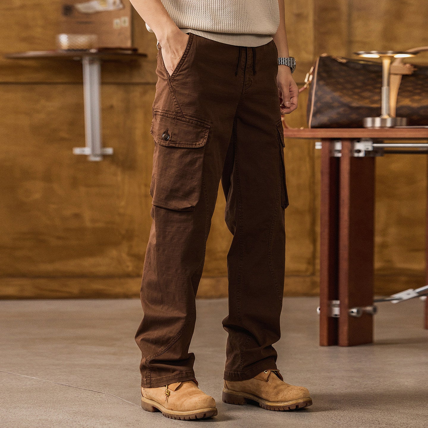 Straight Leg Cotton Wear Resistance Cargo Pants  - COFFEE