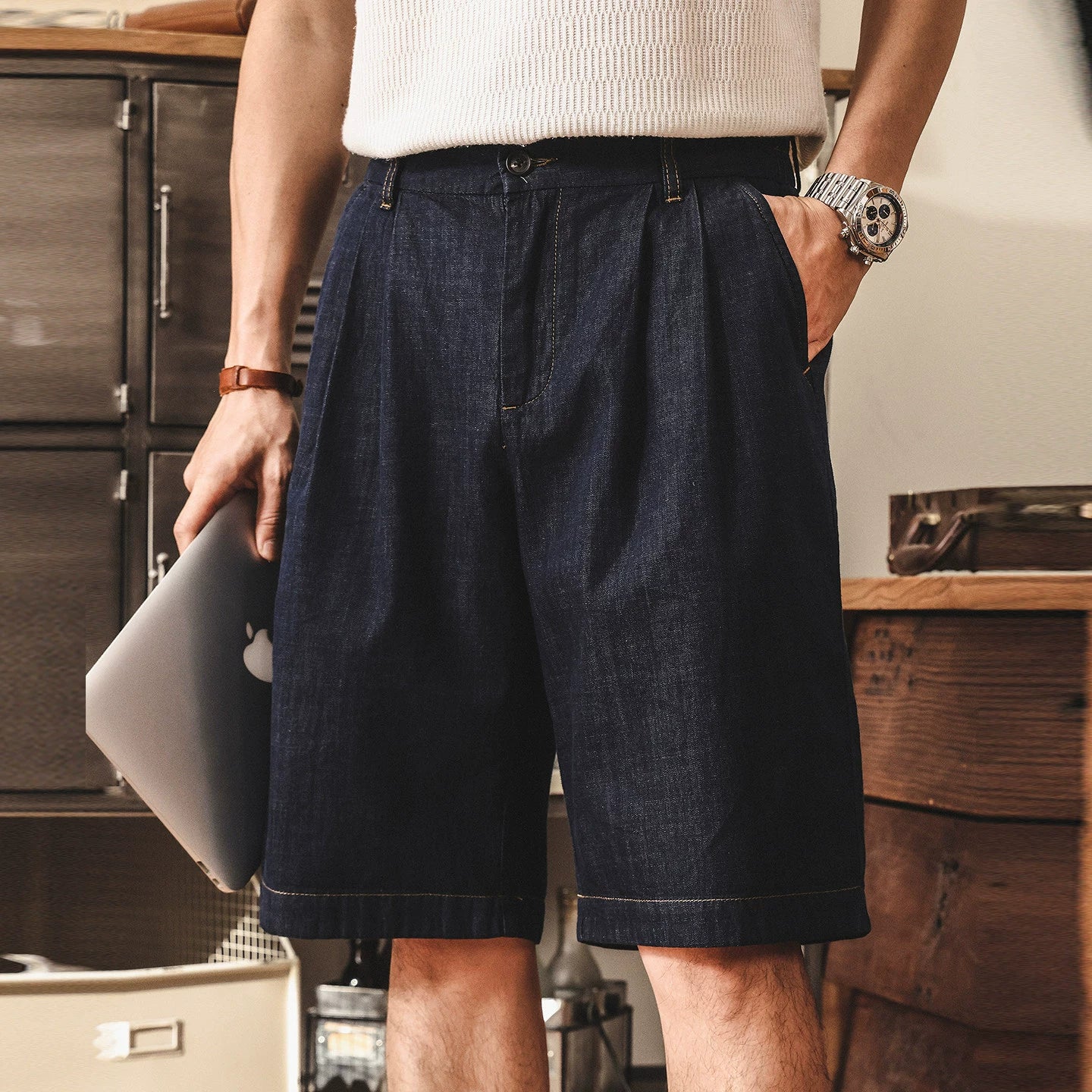 Heritage Pleated Chambray Shorts - DARKBLUE