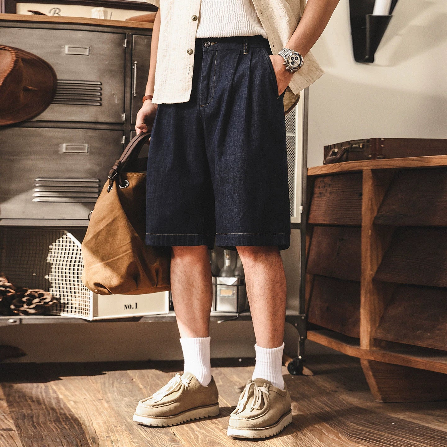Heritage Pleated Chambray Shorts - DARKBLUE