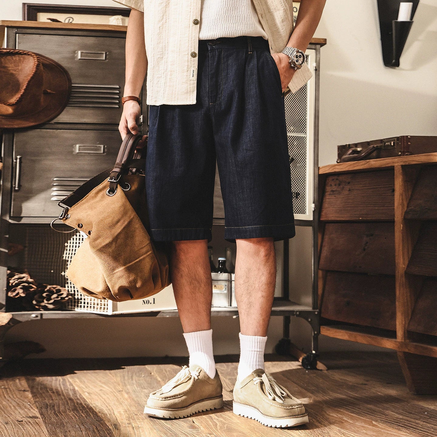 Heritage Pleated Chambray Shorts - DARKBLUE