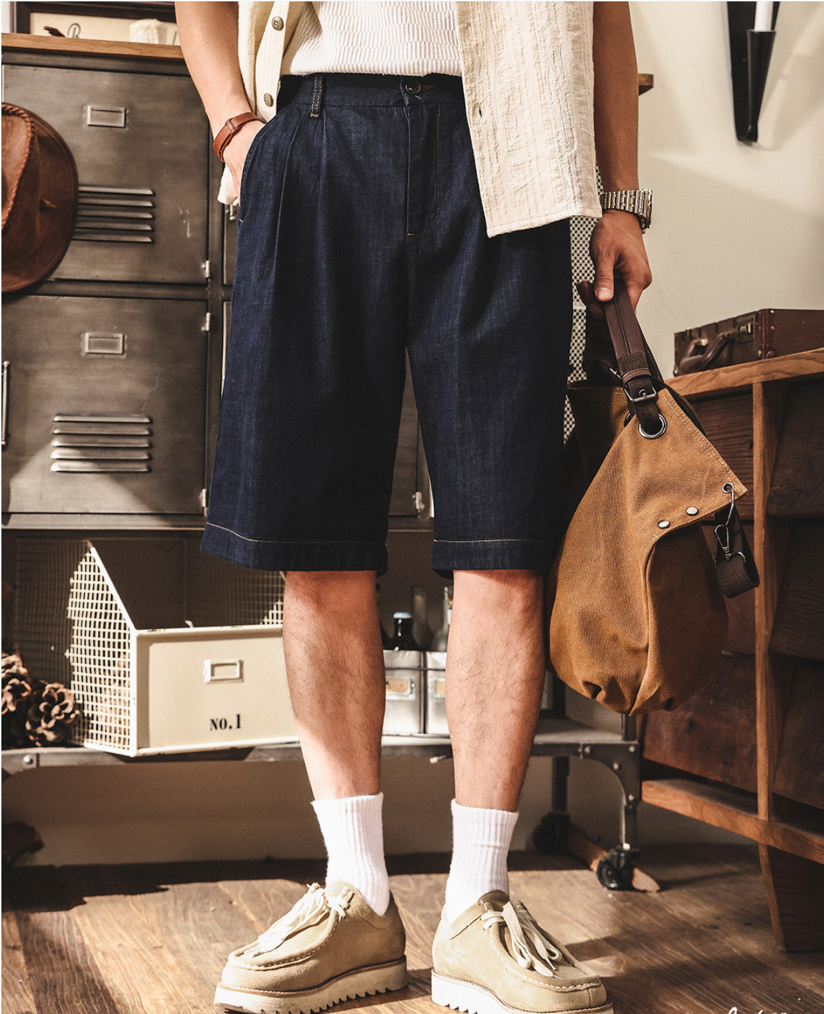 Heritage Pleated Chambray Shorts - DARKBLUE