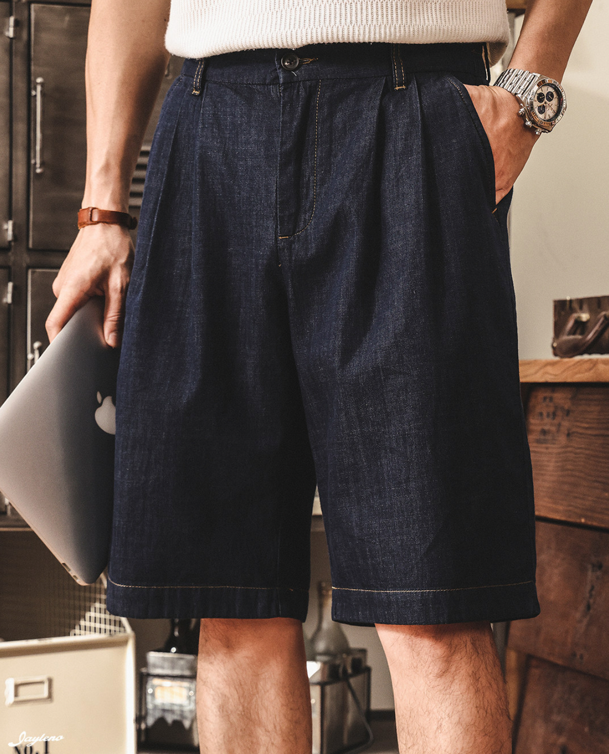 Heritage Pleated Chambray Shorts - DARKBLUE