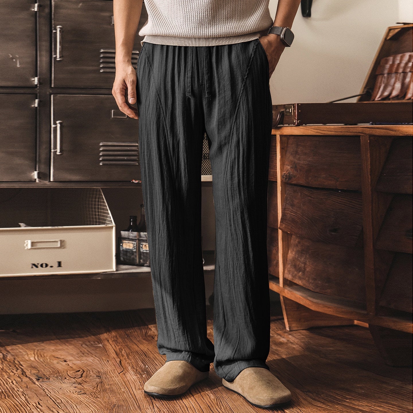 Bamboo Cotton Linen Old Money Style Casual Pants - BLACK