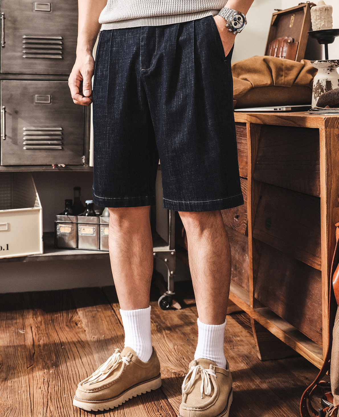 Tencel Denim Linen Pleated Shorts - BLUEBLACK