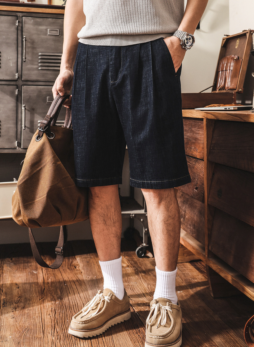 Tencel Denim Linen Pleated Shorts - BLUEBLACK