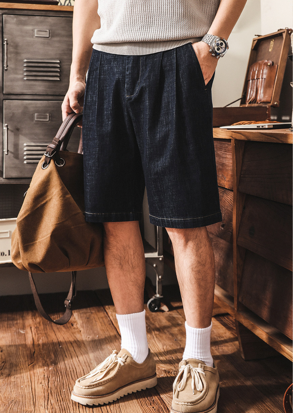 Tencel Denim Linen Pleated Shorts - BLUEBLACK