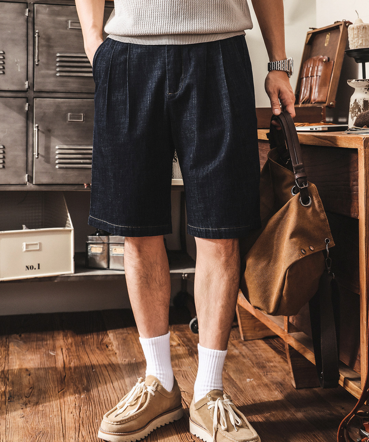 Tencel Denim Linen Pleated Shorts - BLUEBLACK