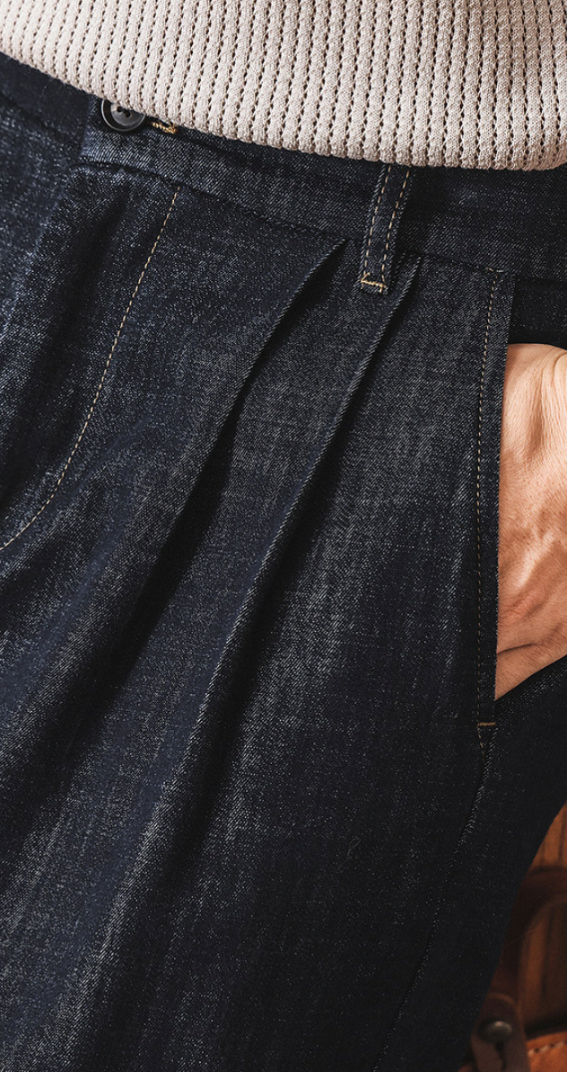 Tencel Denim Linen Pleated Shorts - BLUEBLACK