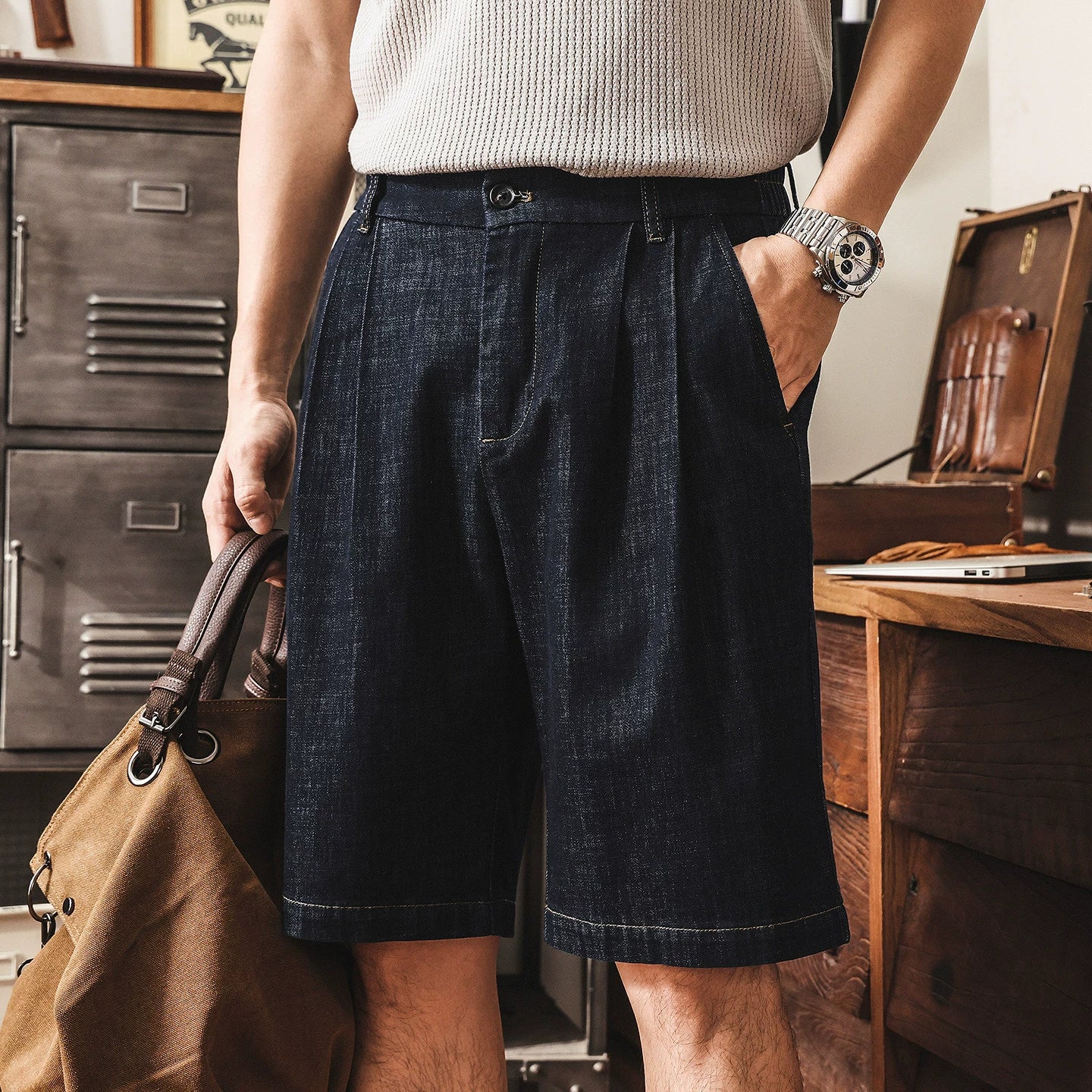 Tencel Denim Linen Pleated Shorts - BLUEBLACK
