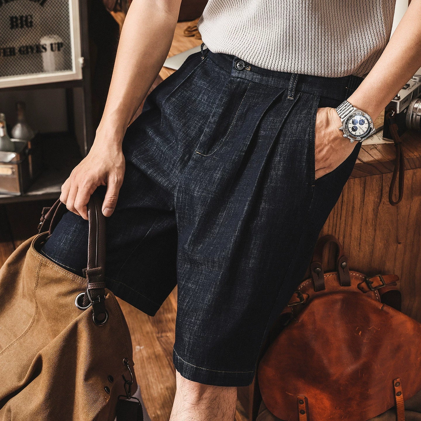 Tencel Denim Linen Pleated Shorts - BLUEBLACK