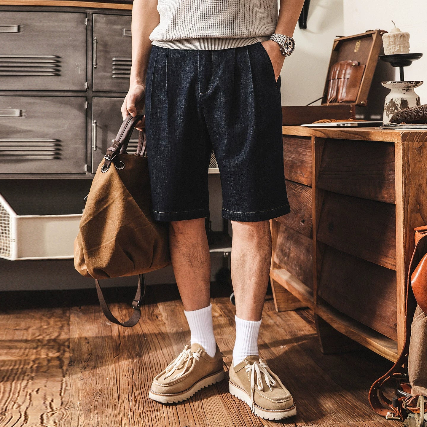 Tencel Denim Linen Pleated Shorts - BLUEBLACK