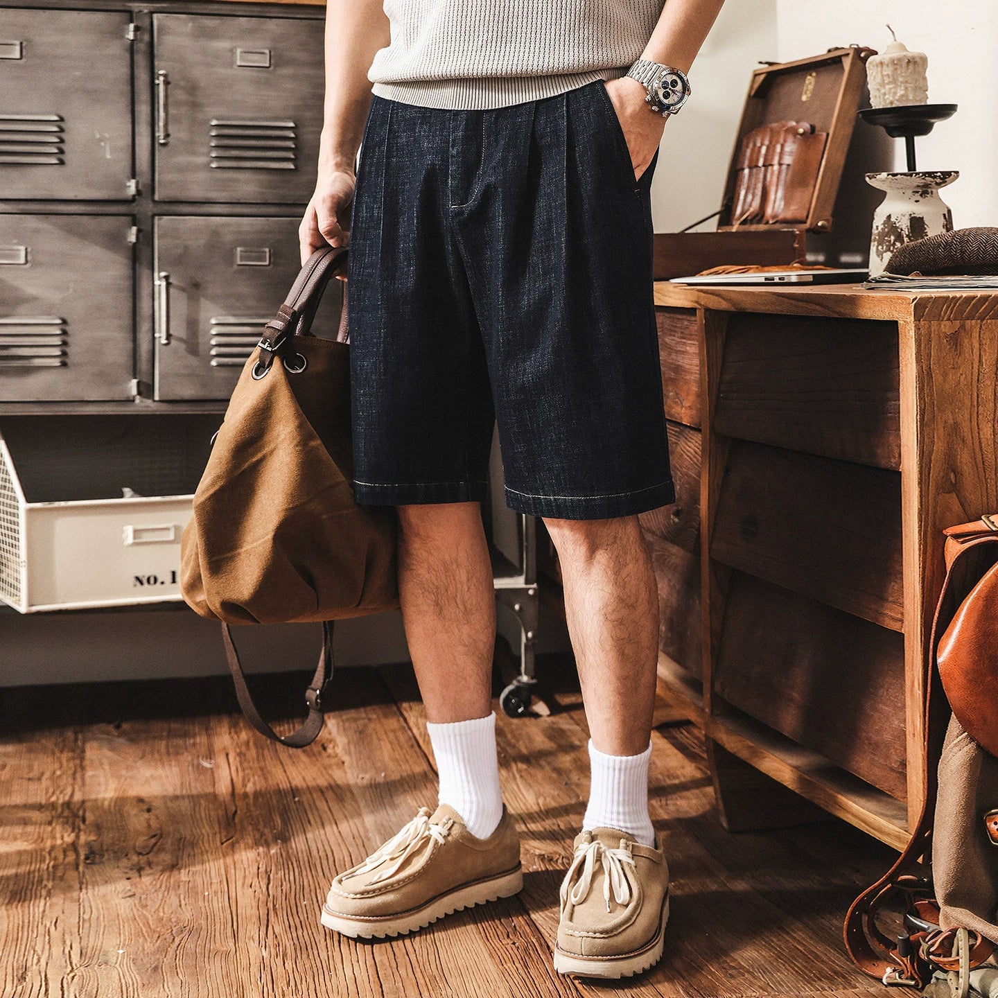 Tencel Denim Linen Pleated Shorts - BLUEBLACK